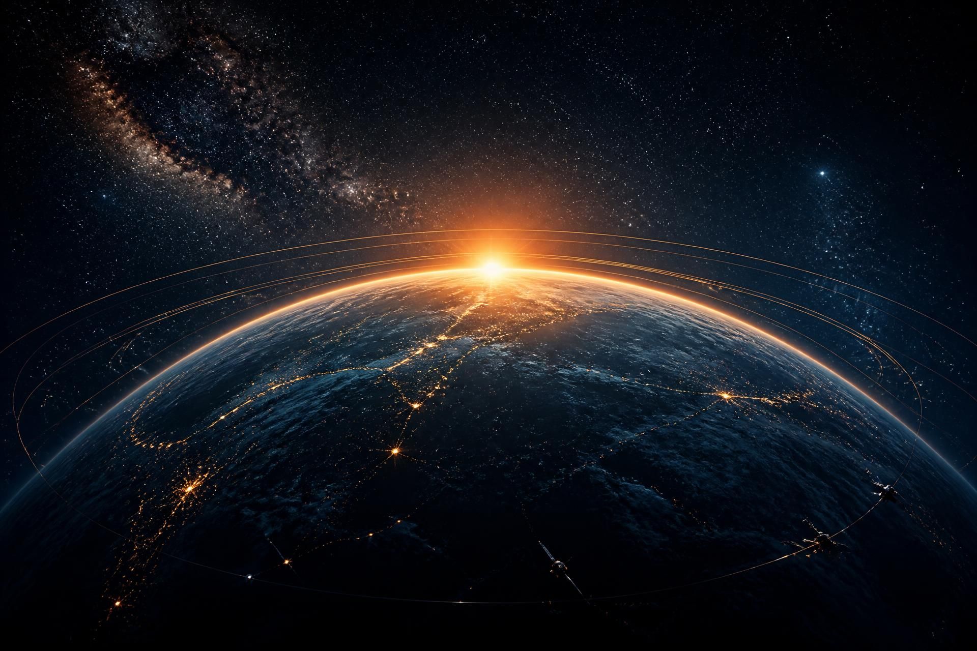 Curved Earth horizon glowing at sunrise from Low Earth Orbit, encircled by concentric orbital rings and satellite trajectories — hero visual for spaceshoring and in-space manufacturing