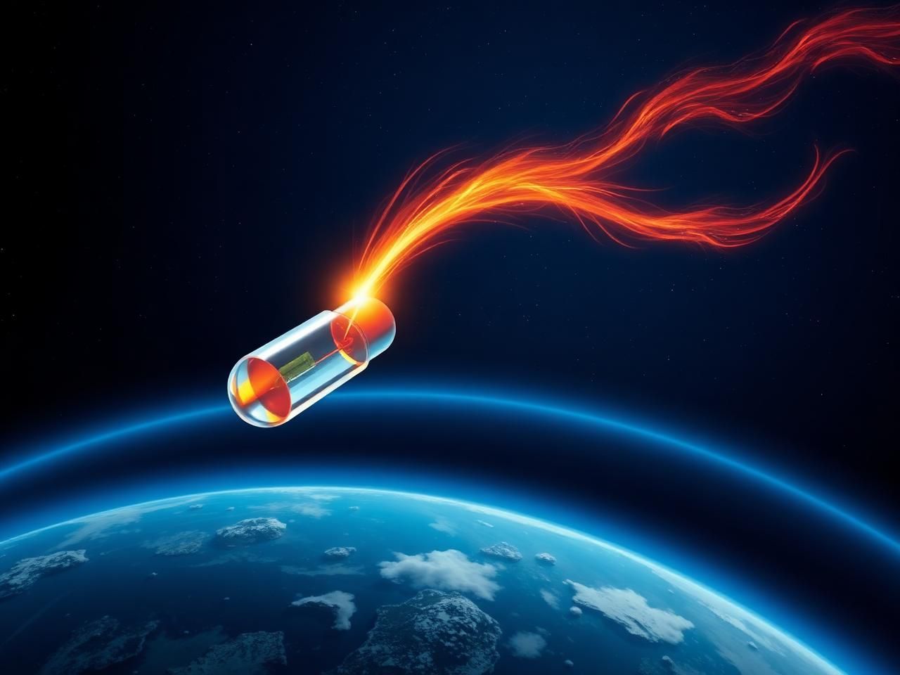 Varda W-1 reentry capsule streaking through the atmosphere trailed by orange plasma, returning microgravity-crystallized ritonavir pharmaceuticals to Earth