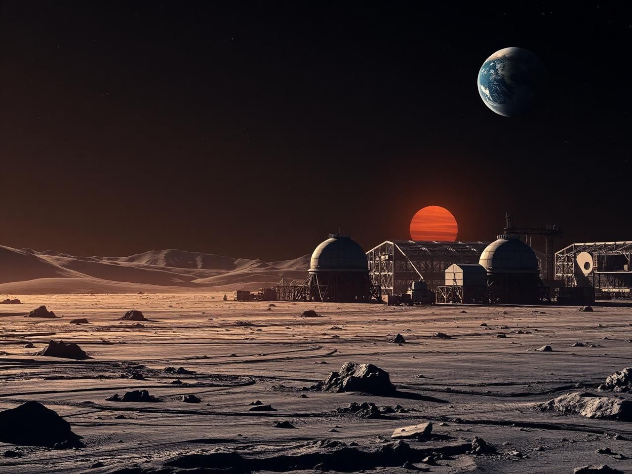 Lunar manufacturing outpost at dawn on the Moon's regolith surface with Earthrise on the dark horizon — illustrating Moonshoring and cislunar industry