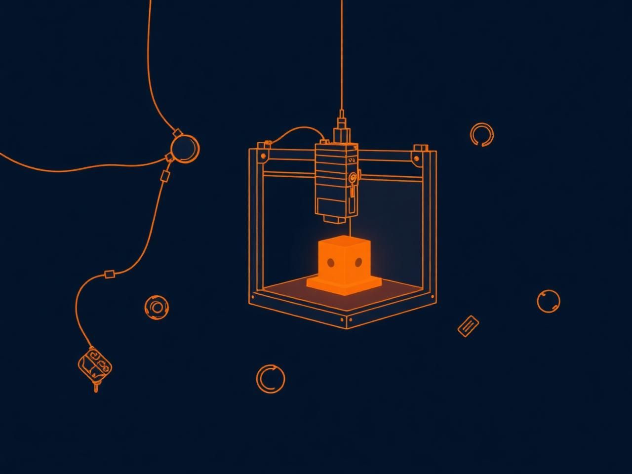 Editorial line-art of an orbital metal 3D printer additively fabricating a machined part in microgravity aboard the ISS — first in-space manufactured metallic component