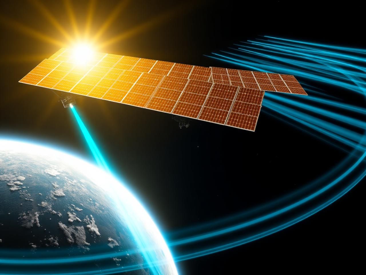 Space-based solar power satellite in geostationary orbit with vast photovoltaic arrays wirelessly beaming clean energy down to Earth